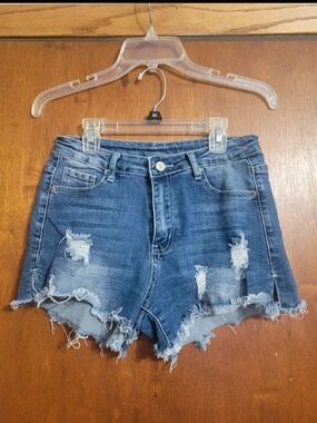 Distressed High-Rise Denim Shorts - Blue